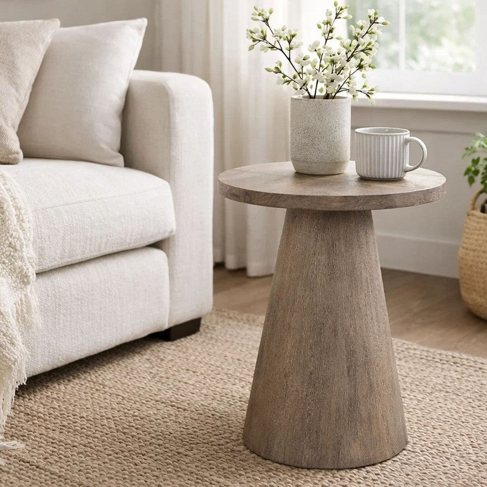 Myro Accent Table | 13" Round Top with Cone Base | Hazelnut Brown Mahogany Wood