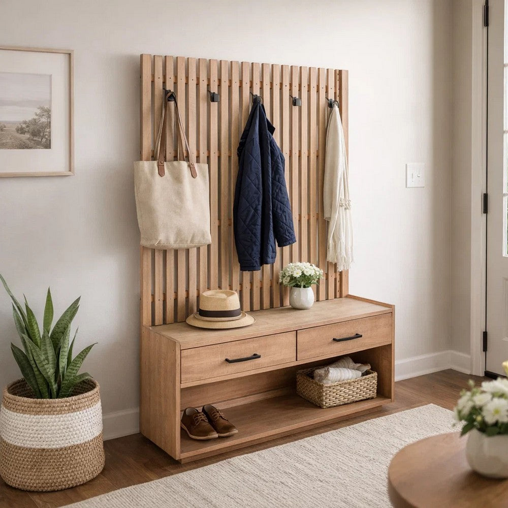 Elizeh Hall Tree Coat Rack with Bench | 2 Drawers | 72" Desert Brown