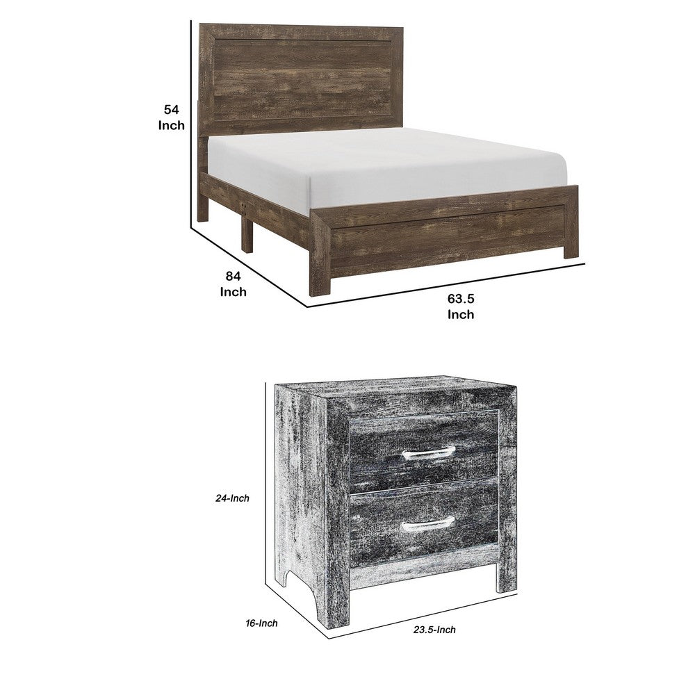 Queen Size Bedroom Set, Brown Finish, Panel Design, 2-Piece Set with Bed and Nightstand