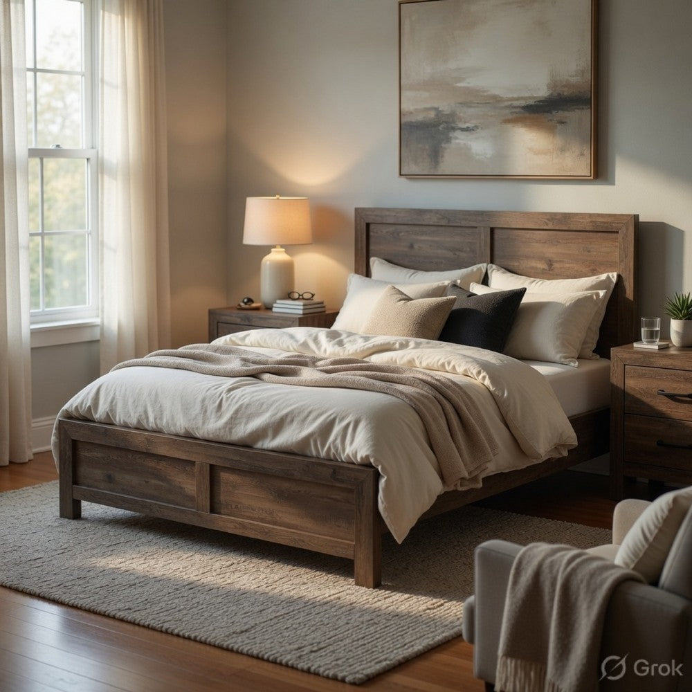 Queen Size Bedroom Set, Brown Finish, Panel Design, 3-Piece Set with Bed and Two Nightstands