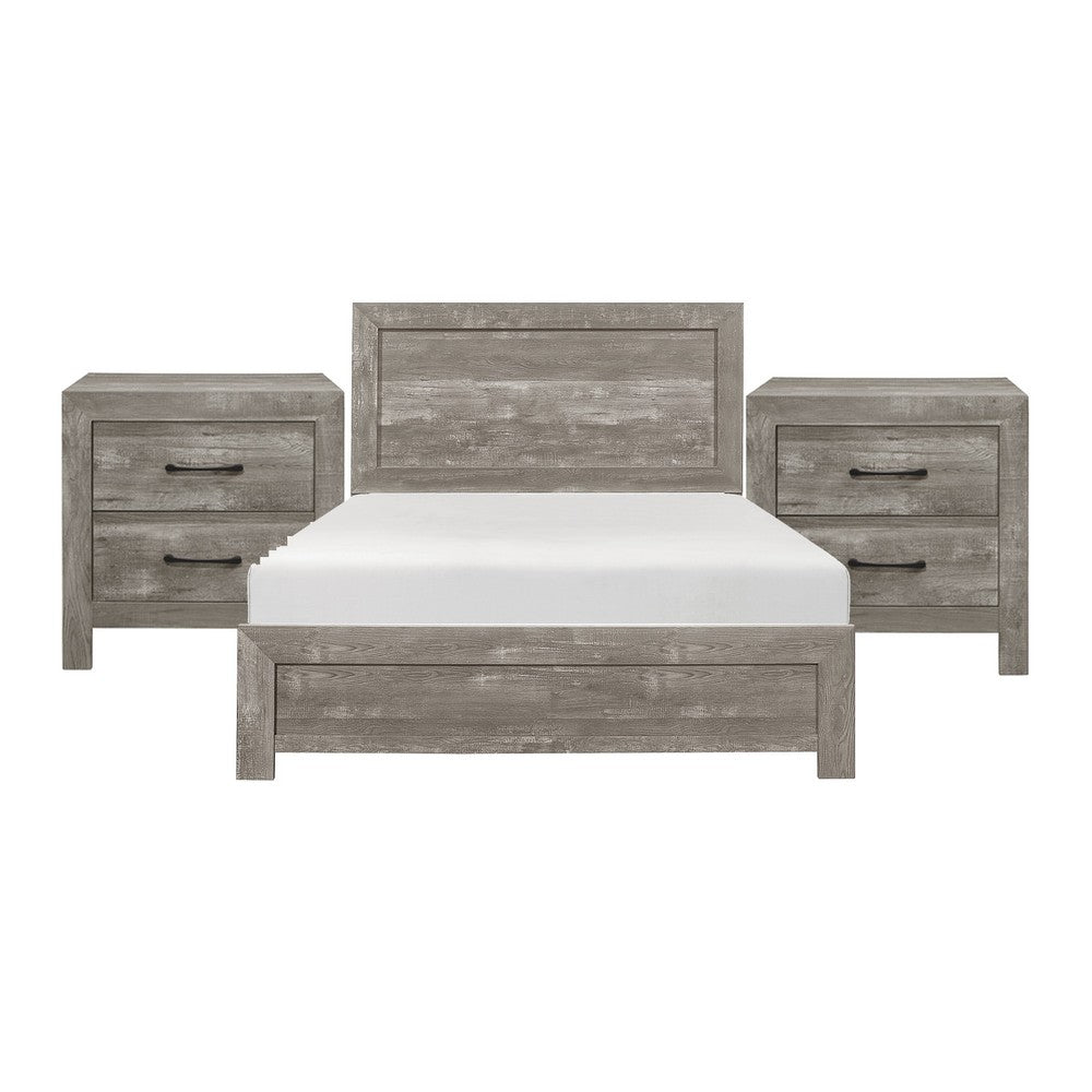 Queen Size Bedroom Set, Gray Finish, Panel Headboard, 3-Piece Set with Bed and Nightstand