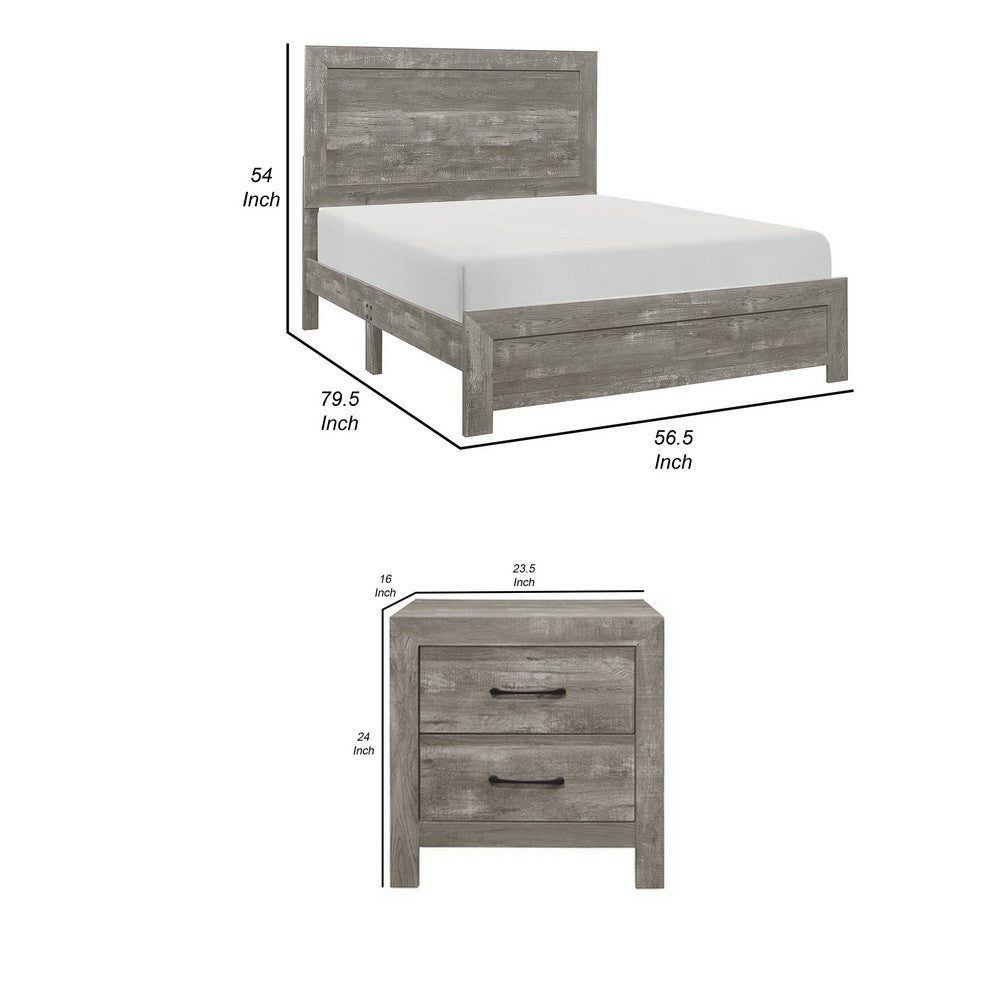 Queen Size Bedroom Set, Gray Finish, Panel Headboard, 3-Piece Set with Bed and Nightstand