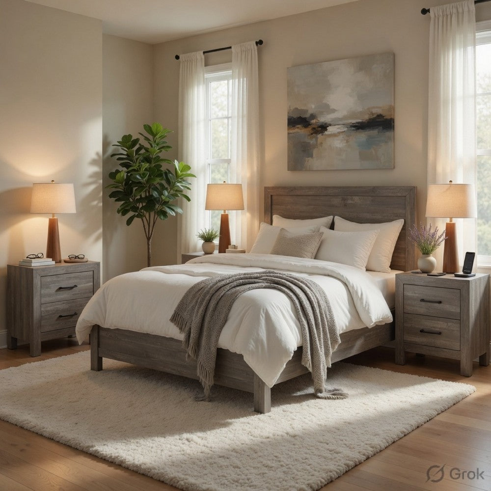 Queen Size Bedroom Set, Gray Finish, Panel Headboard, 3-Piece Set with Bed and Nightstand
