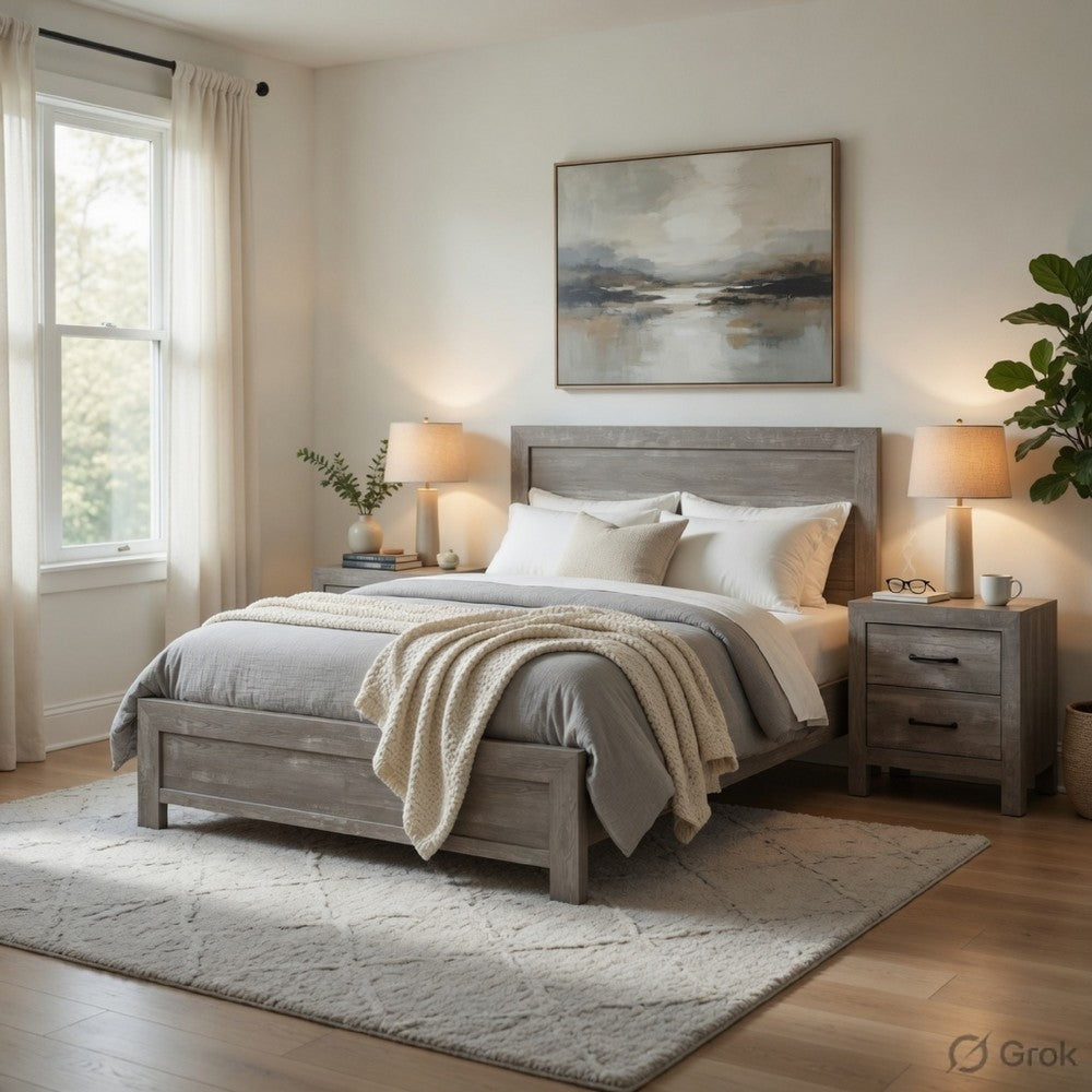 Queen Size Bedroom Set, Gray Finish, Panel Headboard, 3-Piece Set with Bed and Nightstand
