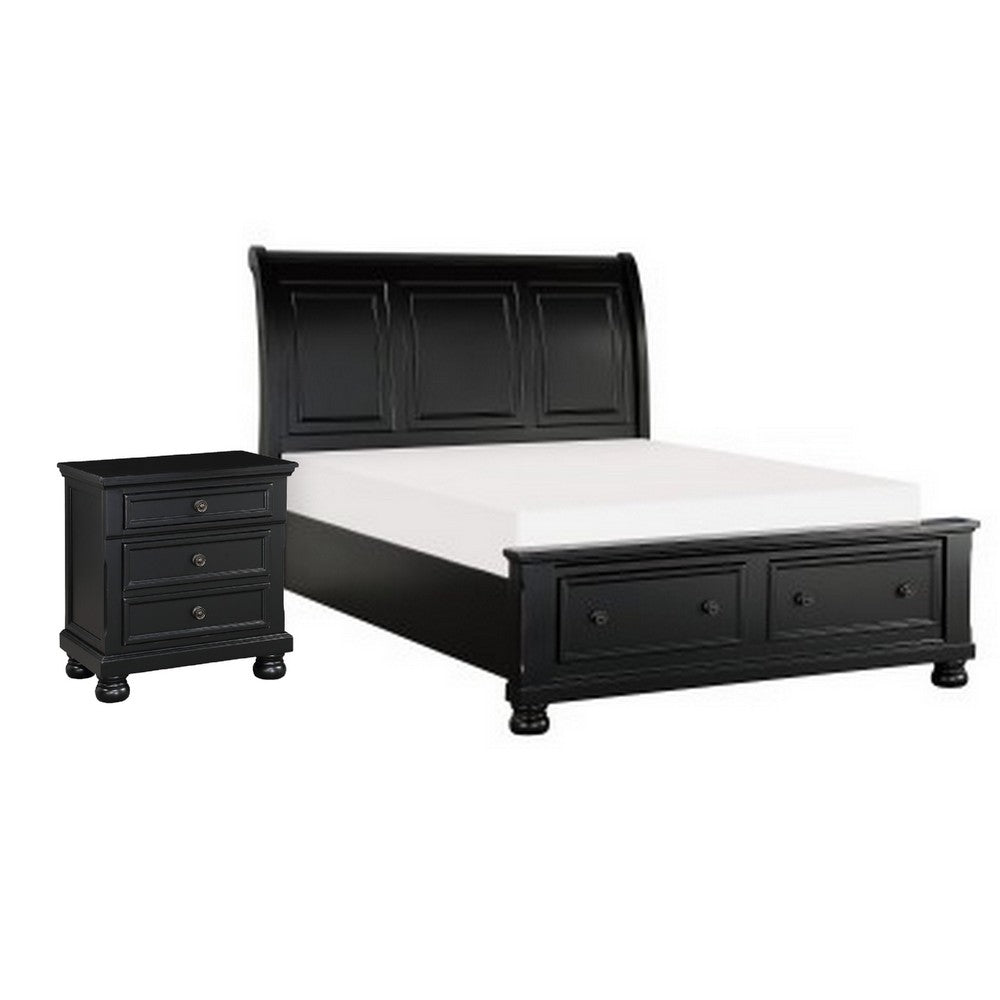 Queen Size Bedroom Set, Black Finish, Storage Bed with Drawers, 2-Piece Set with Bed and Nightstand