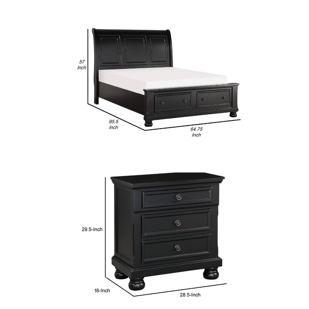 Queen Size Bedroom Set, Black Finish, Storage Bed with Drawers, 2-Piece Set with Bed and Nightstand