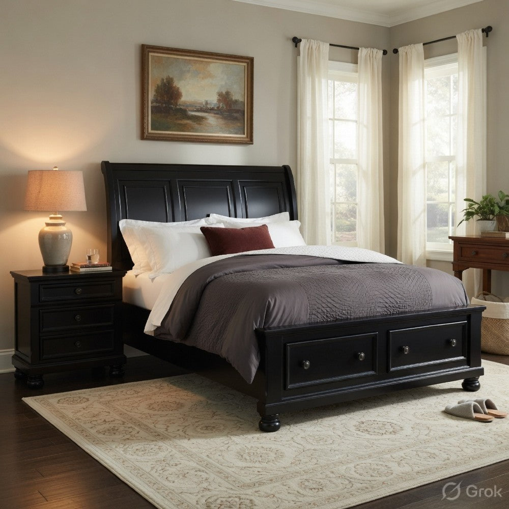 Queen Size Bedroom Set, Black Finish, Storage Bed with Drawers, 2-Piece Set with Bed and Nightstand