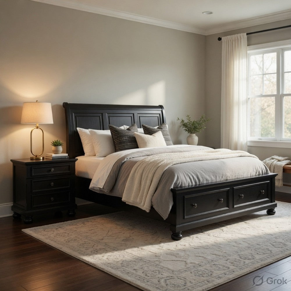 Queen Size Bedroom Set, Black Finish, Storage Bed with Drawers, 2-Piece Set with Bed and Nightstand
