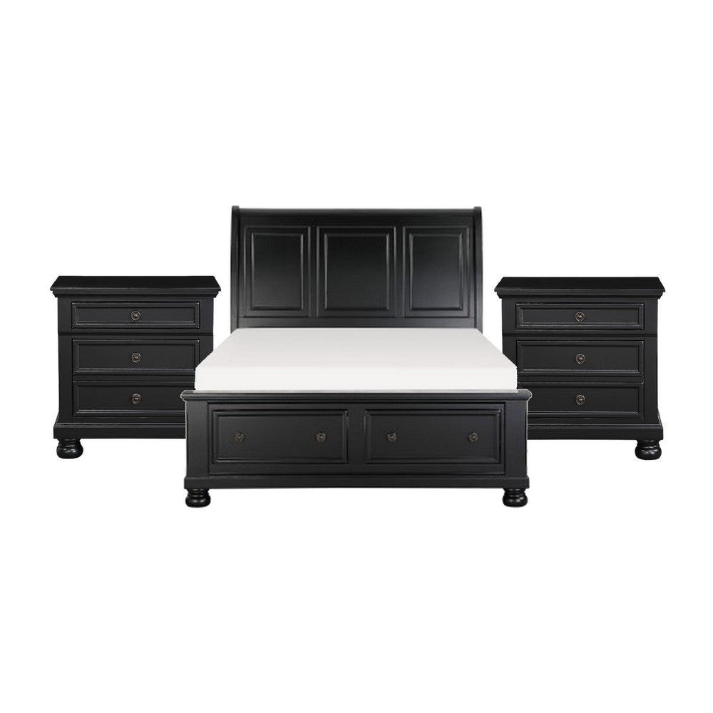 Queen Size Bedroom Set, Black Finish, Storage Bed with Drawers, 3-Piece Set with Bed and Two Nightstands