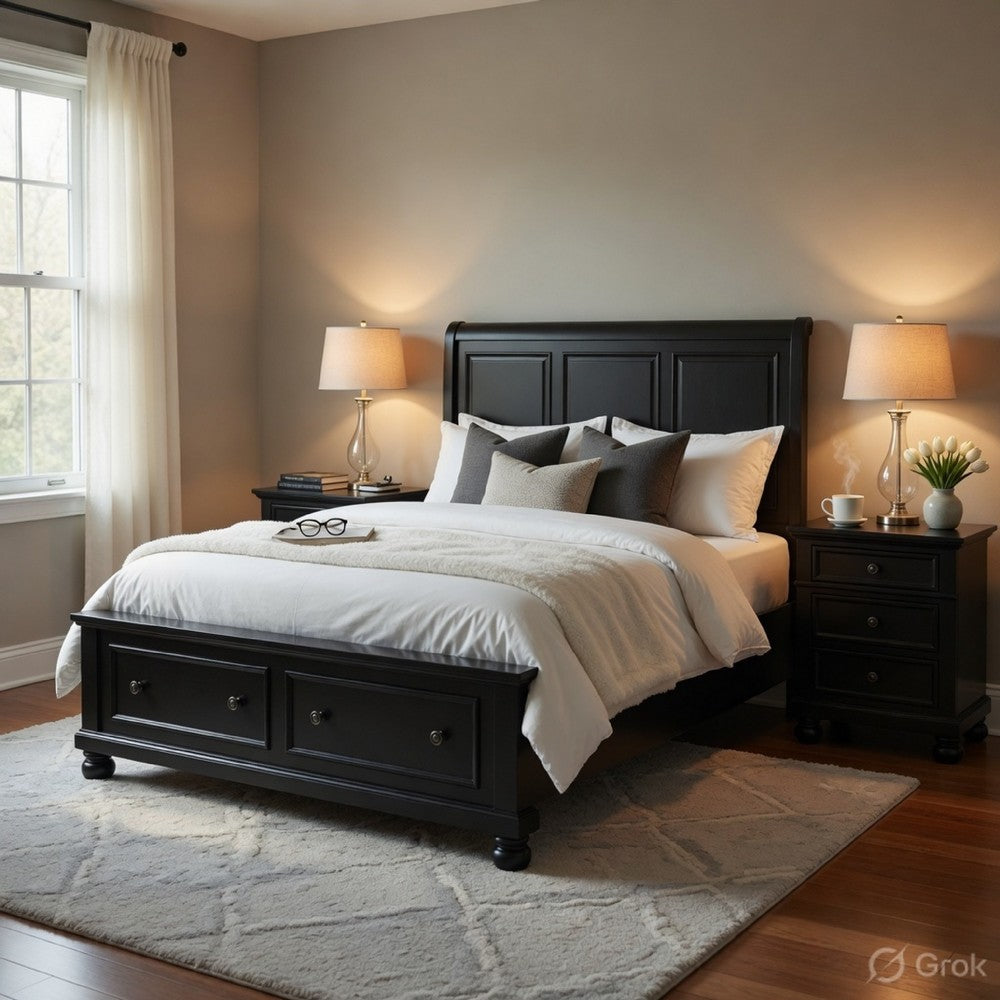Queen Size Bedroom Set, Black Finish, Storage Bed with Drawers, 3-Piece Set with Bed and Two Nightstands