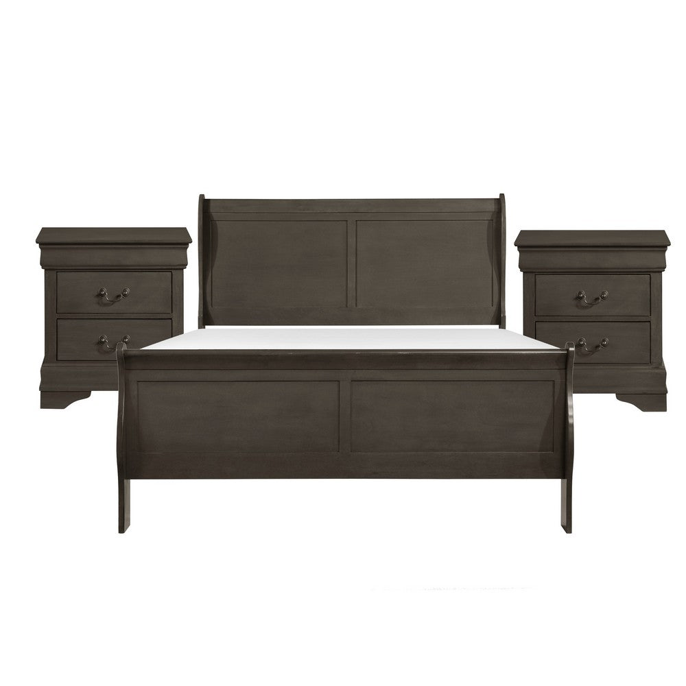King Size Bedroom Set, Gray Finish, 3-Piece Set with Bed and Two Nightstands