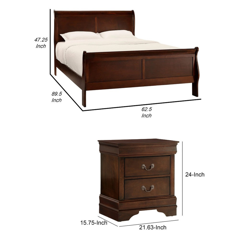 Queen Size Bedroom Set, Brown Finish, 2-Piece Set with Bed and Nightstand