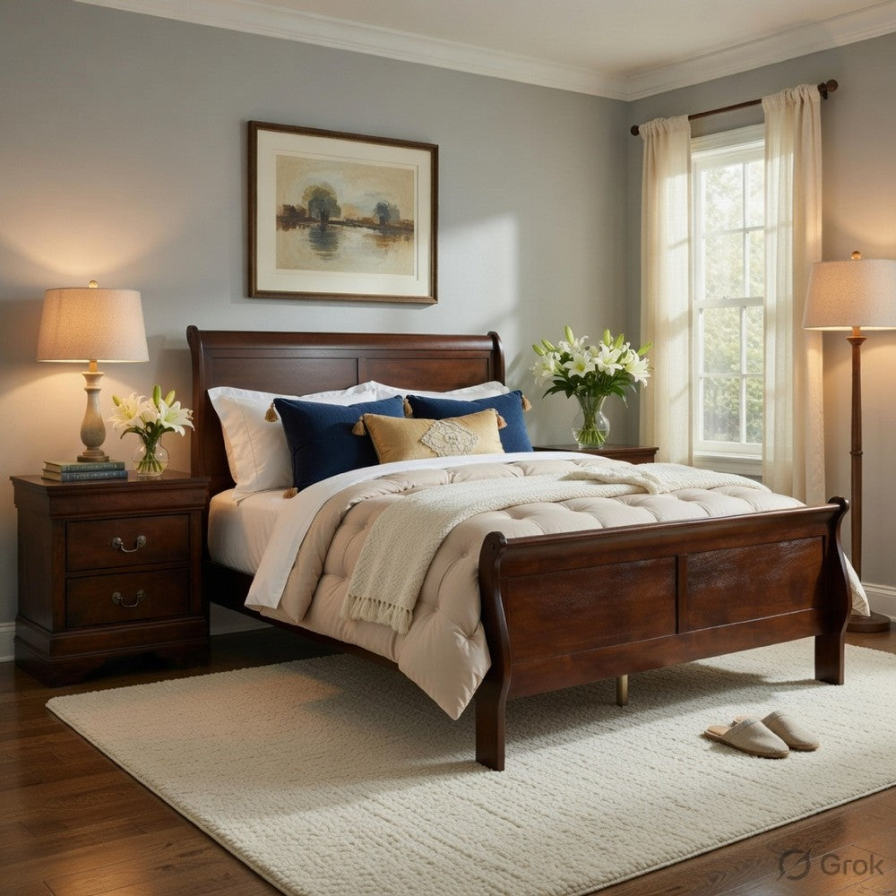Queen Size Bedroom Set, Brown Finish, 2-Piece Set with Bed and Nightstand