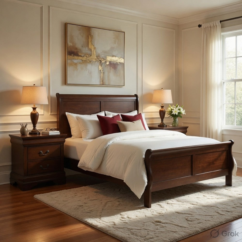 Queen Size Bedroom Set, Brown Finish, 3-Piece Set with Bed and Two Nightstands