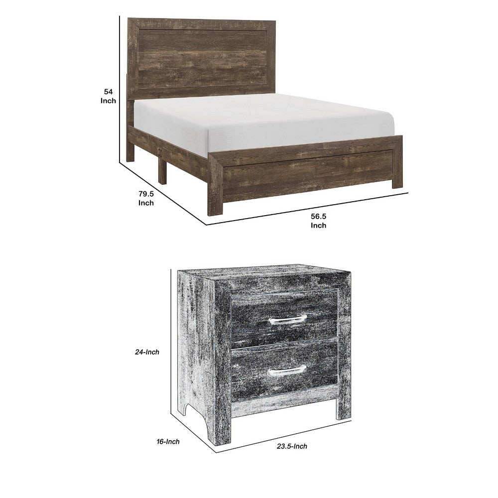 Full Size Bedroom Set, Brown Finish, Panel Design, 2-Piece Set with Bed and Nightstand