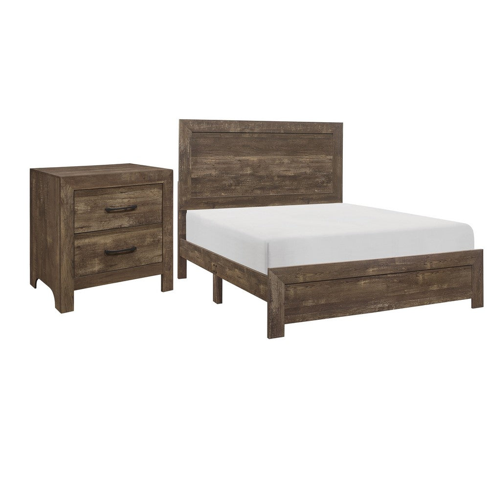 King Size Bedroom Set, Brown Finish, Panel Design, 2-Piece Set with Bed and Nightstand