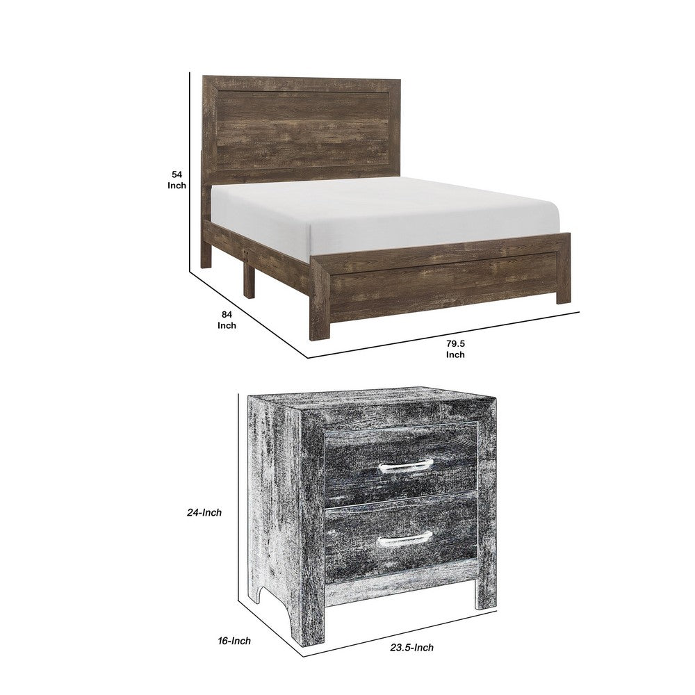 King Size Bedroom Set, Brown Finish, Panel Design, 2-Piece Set with Bed and Nightstand