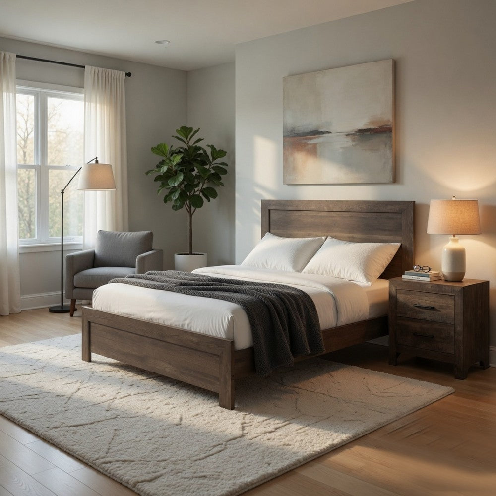 King Size Bedroom Set, Brown Finish, Panel Design, 2-Piece Set with Bed and Nightstand