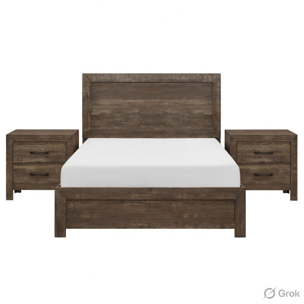 King Size Bedroom Set, Brown Finish, Panel Design, 3-Piece Set with Bed and Two Nightstands