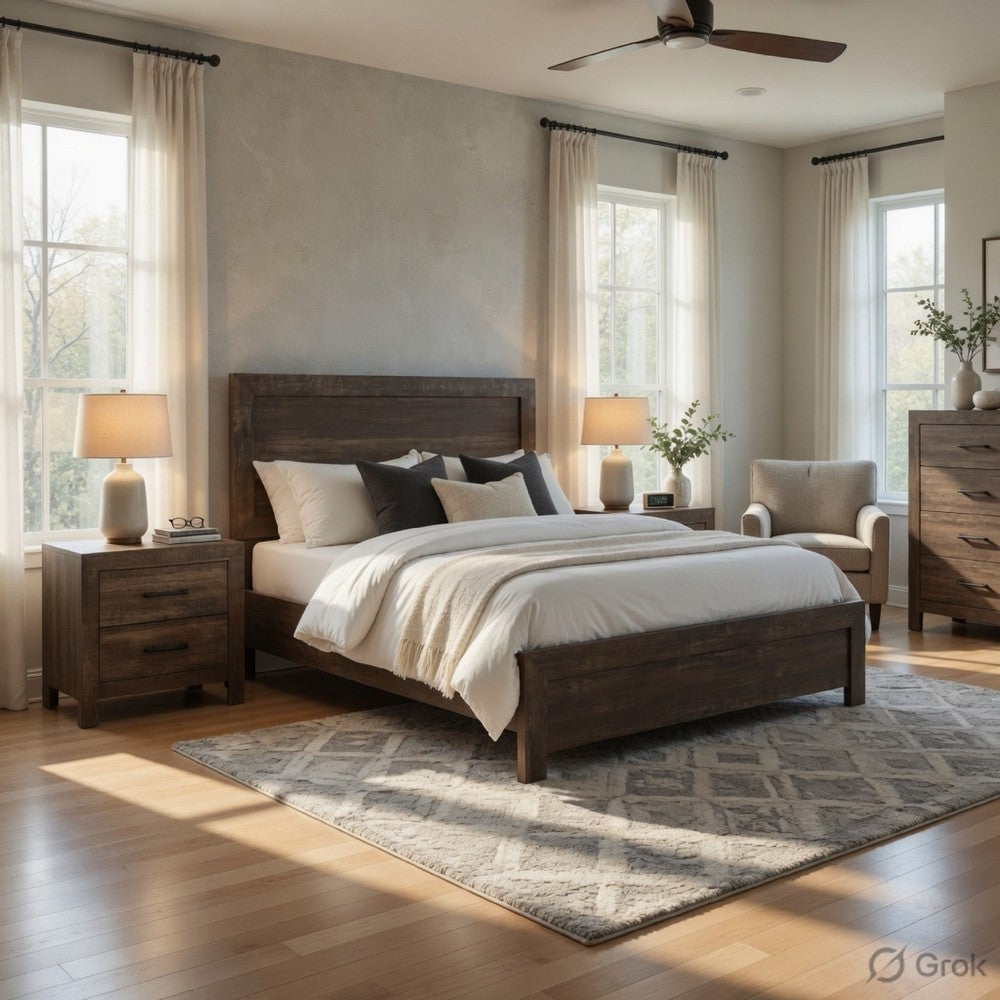 King Size Bedroom Set, Brown Finish, Panel Design, 3-Piece Set with Bed and Two Nightstands