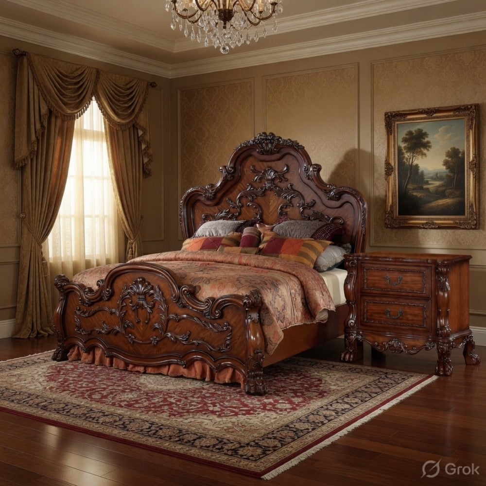 Queen Size Bedroom Set, Brown Finish, 2-Piece Set with Bed and Nightstand