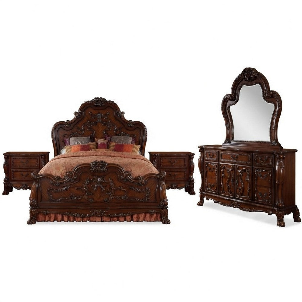 Queen Size Bedroom Set, Wood Design, Brown Finish, 5-Piece Set with Bed, 2 Nightstands, Dresser and Mirror