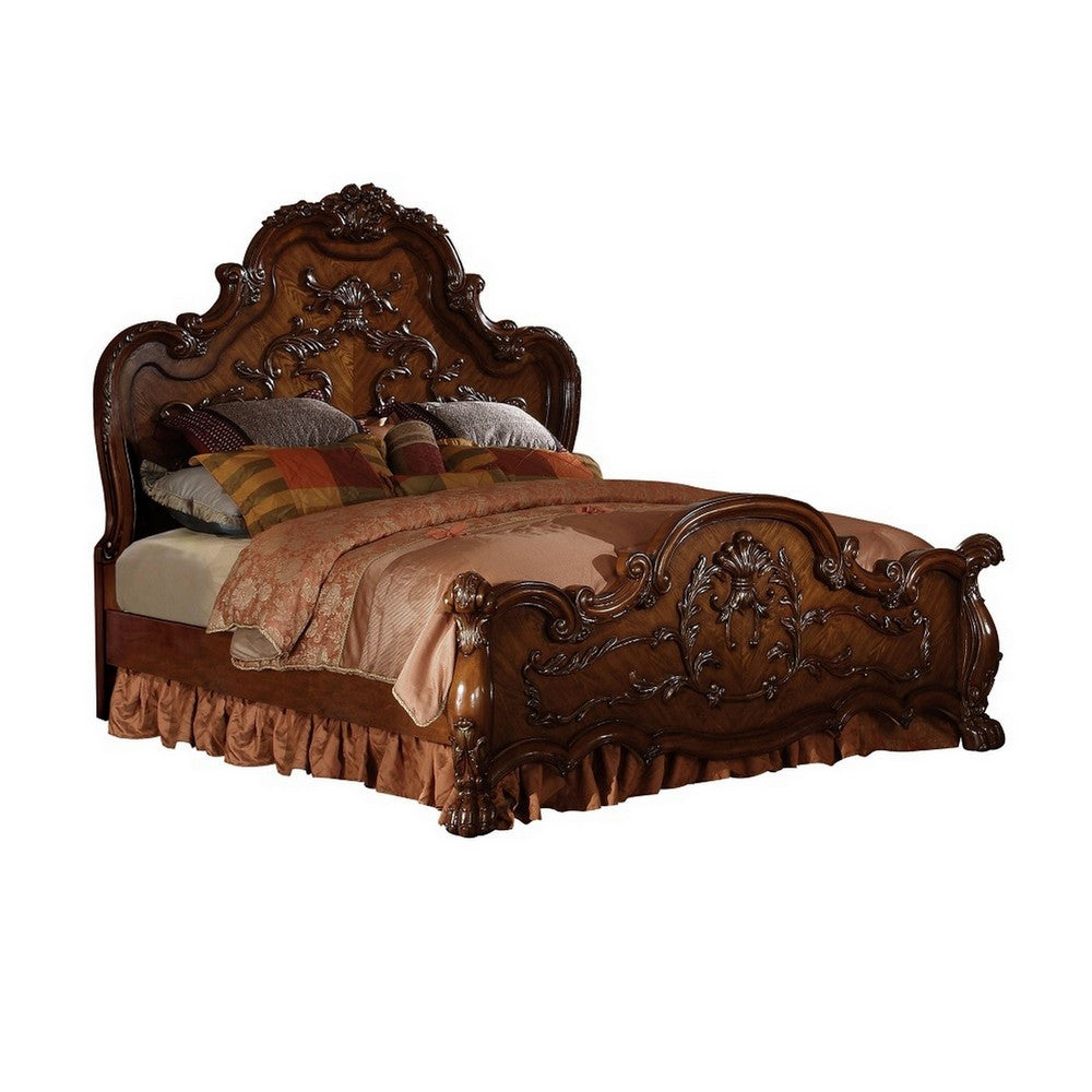 Queen Size Bedroom Set, Wood Design, Brown Finish, 5-Piece Set with Bed, 2 Nightstands, Dresser and Mirror