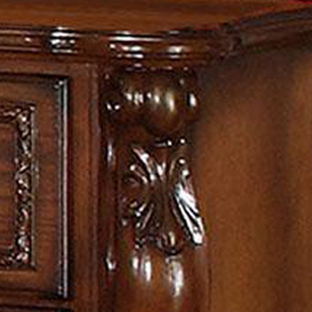 Queen Size Bedroom Set, Wood Design, Brown Finish, 5-Piece Set with Bed, 2 Nightstands, Dresser and Mirror