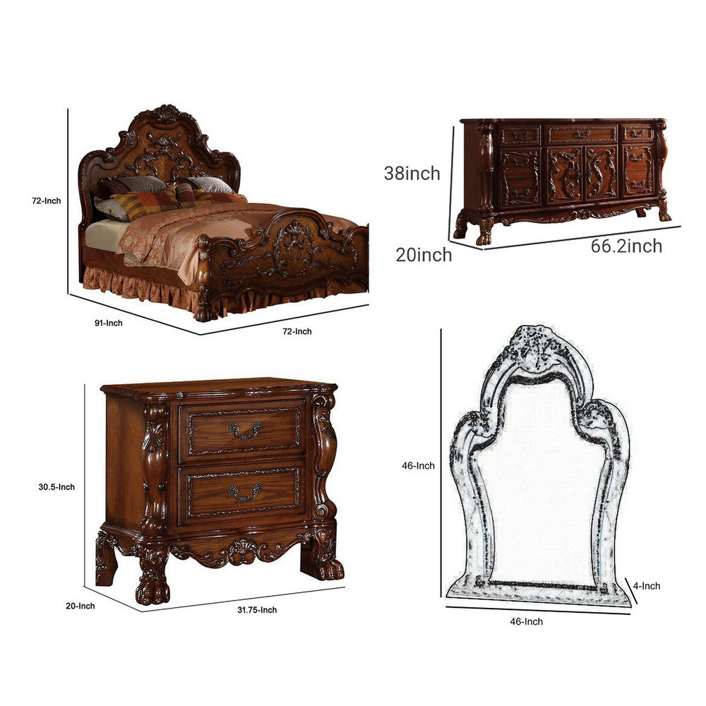 Queen Size Bedroom Set, Wood Design, Brown Finish, 5-Piece Set with Bed, 2 Nightstands, Dresser and Mirror
