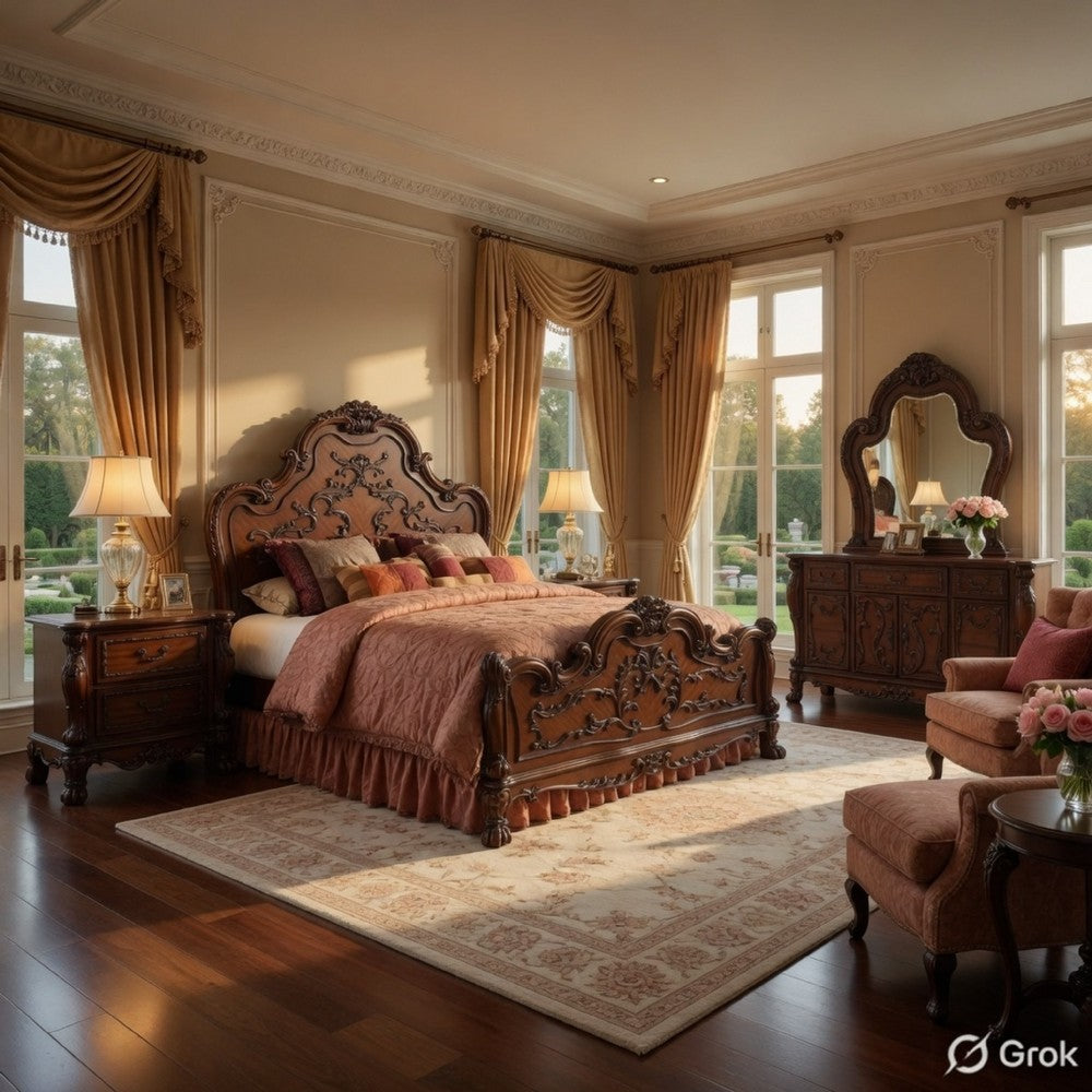 Queen Size Bedroom Set, Wood Design, Brown Finish, 5-Piece Set with Bed, 2 Nightstands, Dresser and Mirror