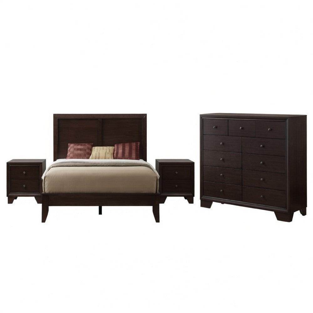 Queen Size Bedroom Set, Traditional Carved Wood Design, Brown Finish, 4-Piece Set with Bed, Nightstands and Dresser