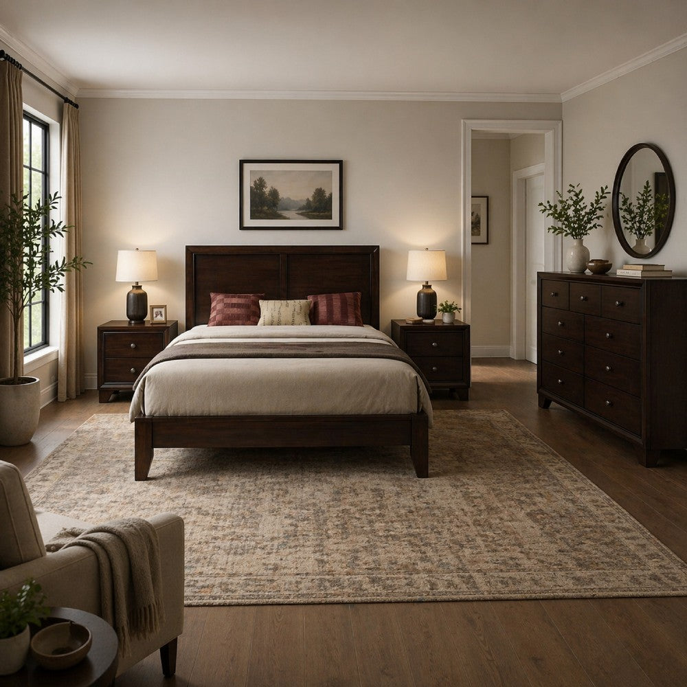 Queen Size Bedroom Set, Traditional Carved Wood Design, Brown Finish, 4-Piece Set with Bed, Nightstands and Dresser