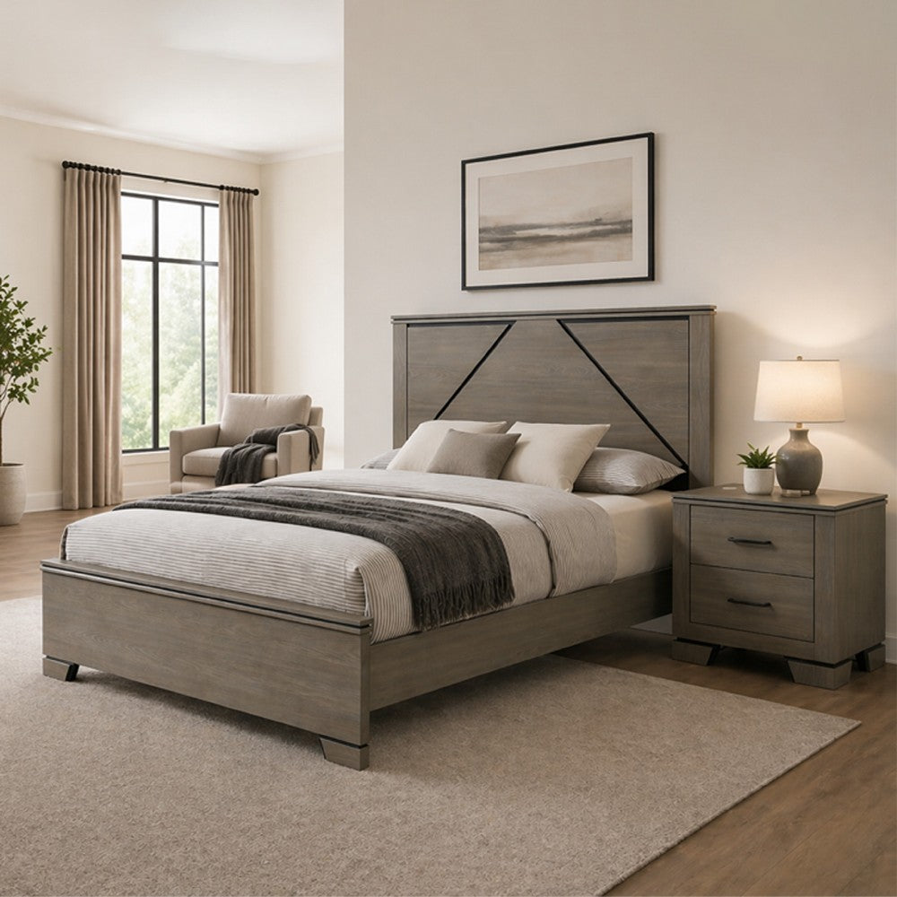 Queen Size Bedroom Set, Gray Finish, Panel Headboard, 2-Piece Set with Bed and Nightstand