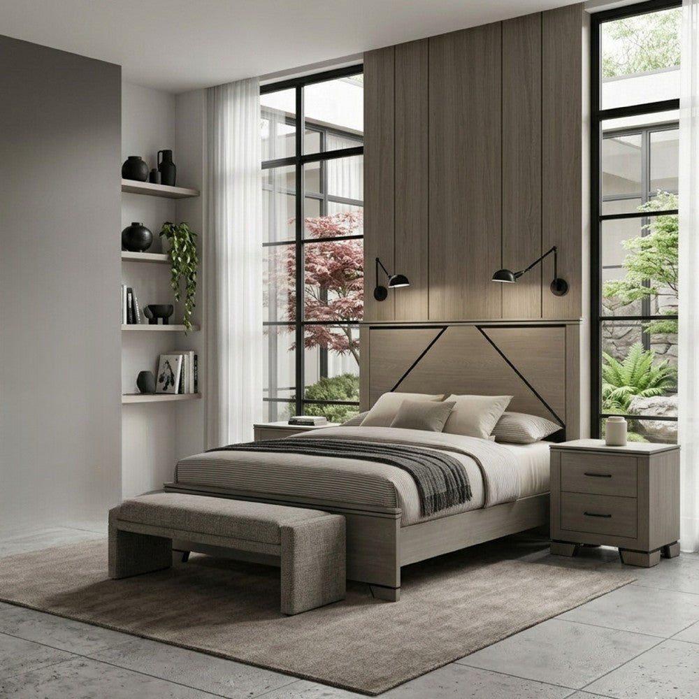 Queen Size Bedroom Set, Gray Finish, Panel Headboard, 2-Piece Set with Bed and Nightstand