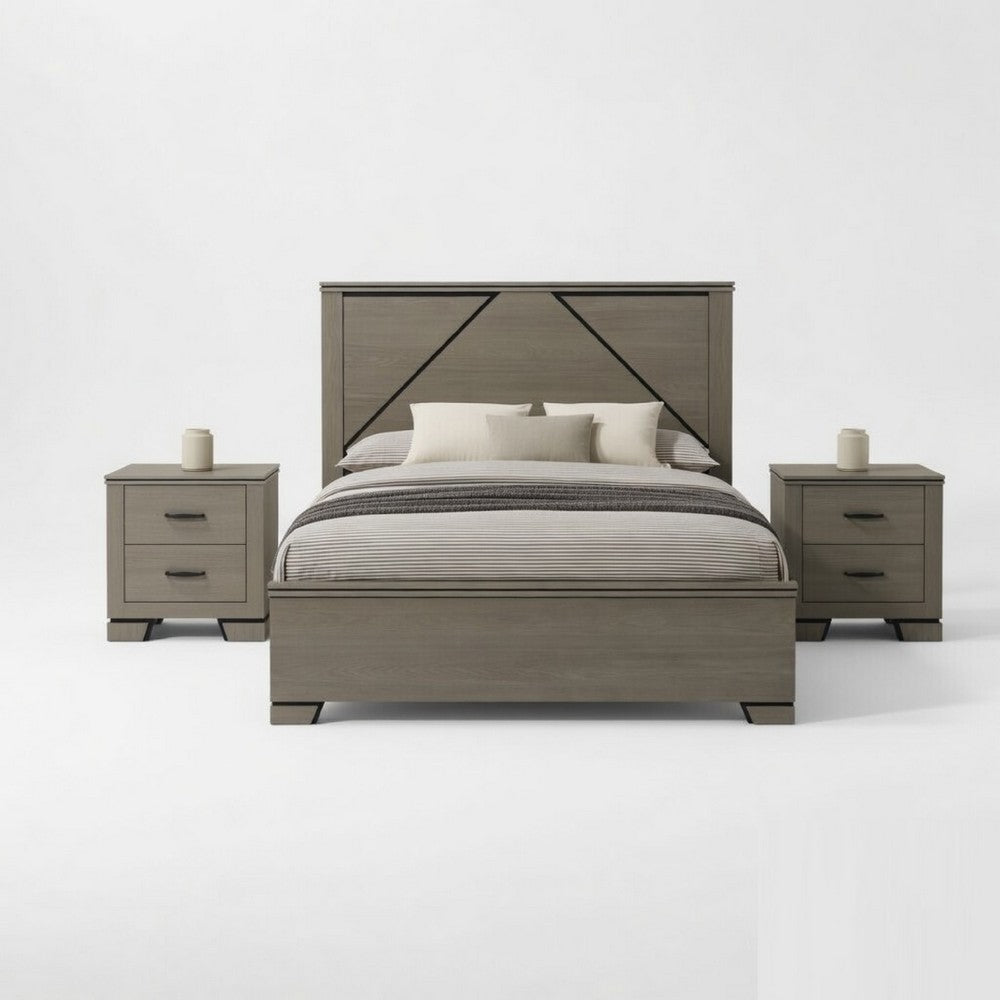 Queen Size Bedroom Set, Gray Finish, Panel Headboard, 3-Piece Set with Bed and Two Nightstands