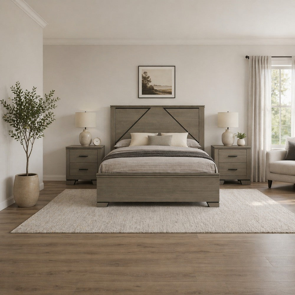 Queen Size Bedroom Set, Gray Finish, Panel Headboard, 3-Piece Set with Bed and Two Nightstands