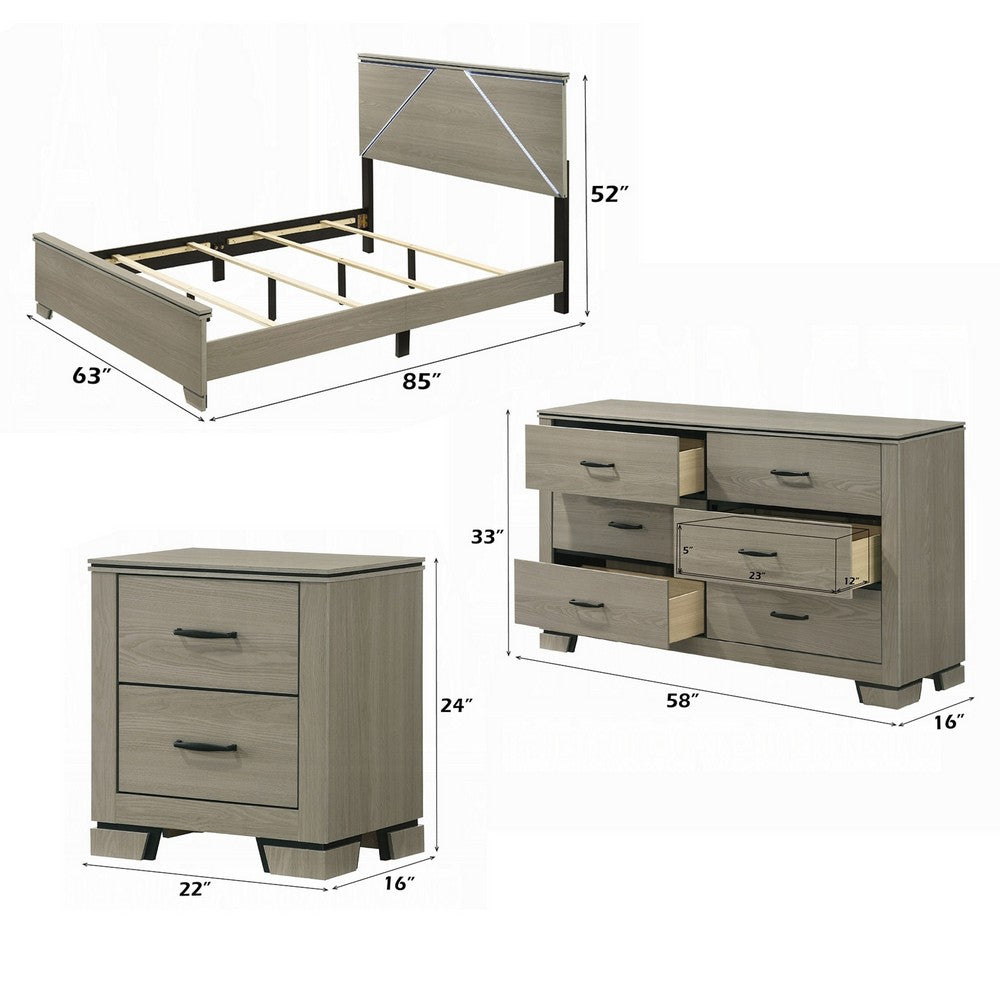 Queen Size Bedroom Set, Gray Finish, Panel Headboard, 4-Piece Set with Bed, 2 Nightstands and Dresser