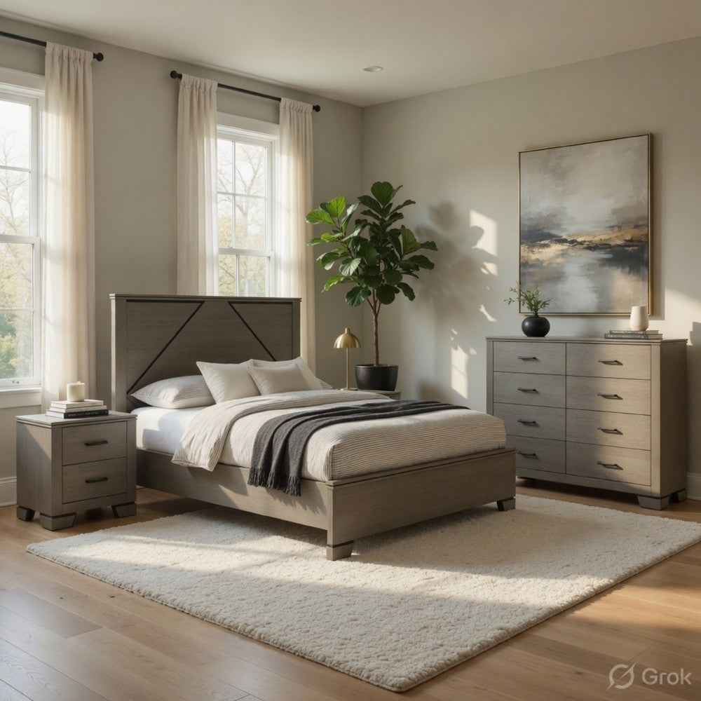 Queen Size Bedroom Set, Gray Finish, Panel Headboard, 4-Piece Set with Bed, 2 Nightstands and Dresser