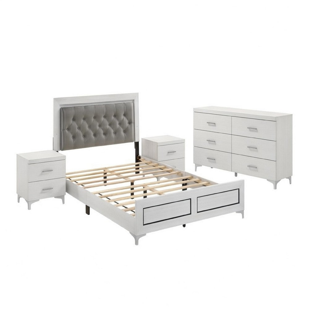 Queen Size Bedroom Set, White Finish, Storage Bed with Drawers, 4-Piece Set with Bed, 2 Nightstands and Dresser