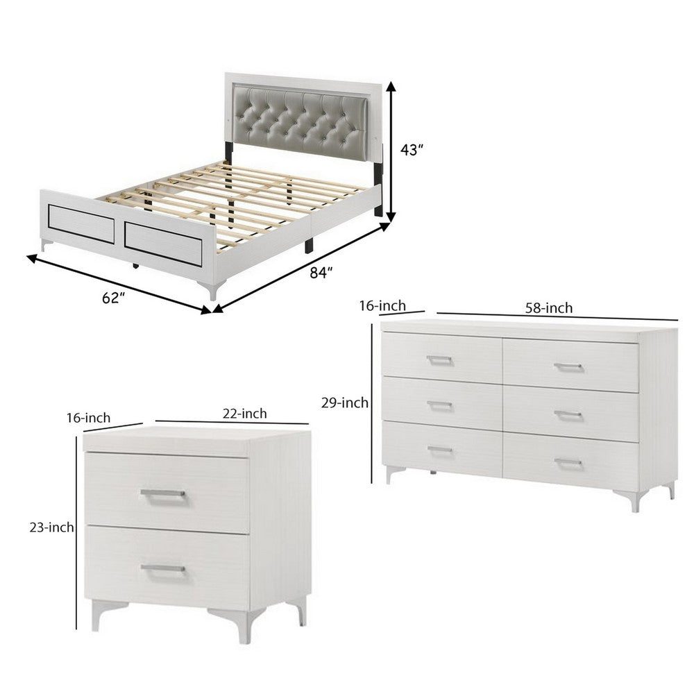 Queen Size Bedroom Set, White Finish, Storage Bed with Drawers, 4-Piece Set with Bed, 2 Nightstands and Dresser