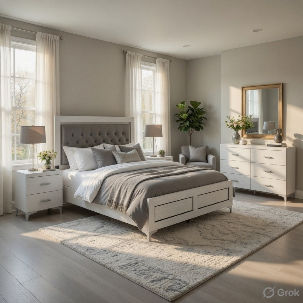 Queen Size Bedroom Set, White Finish, Storage Bed with Drawers, 4-Piece Set with Bed, 2 Nightstands and Dresser