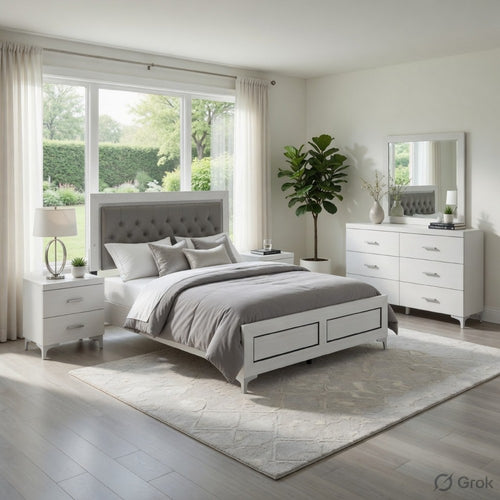 Queen Size Bedroom Set, White Finish, Storage Bed with Drawers, 4-Piece Set with Bed, 2 Nightstands and Dresser