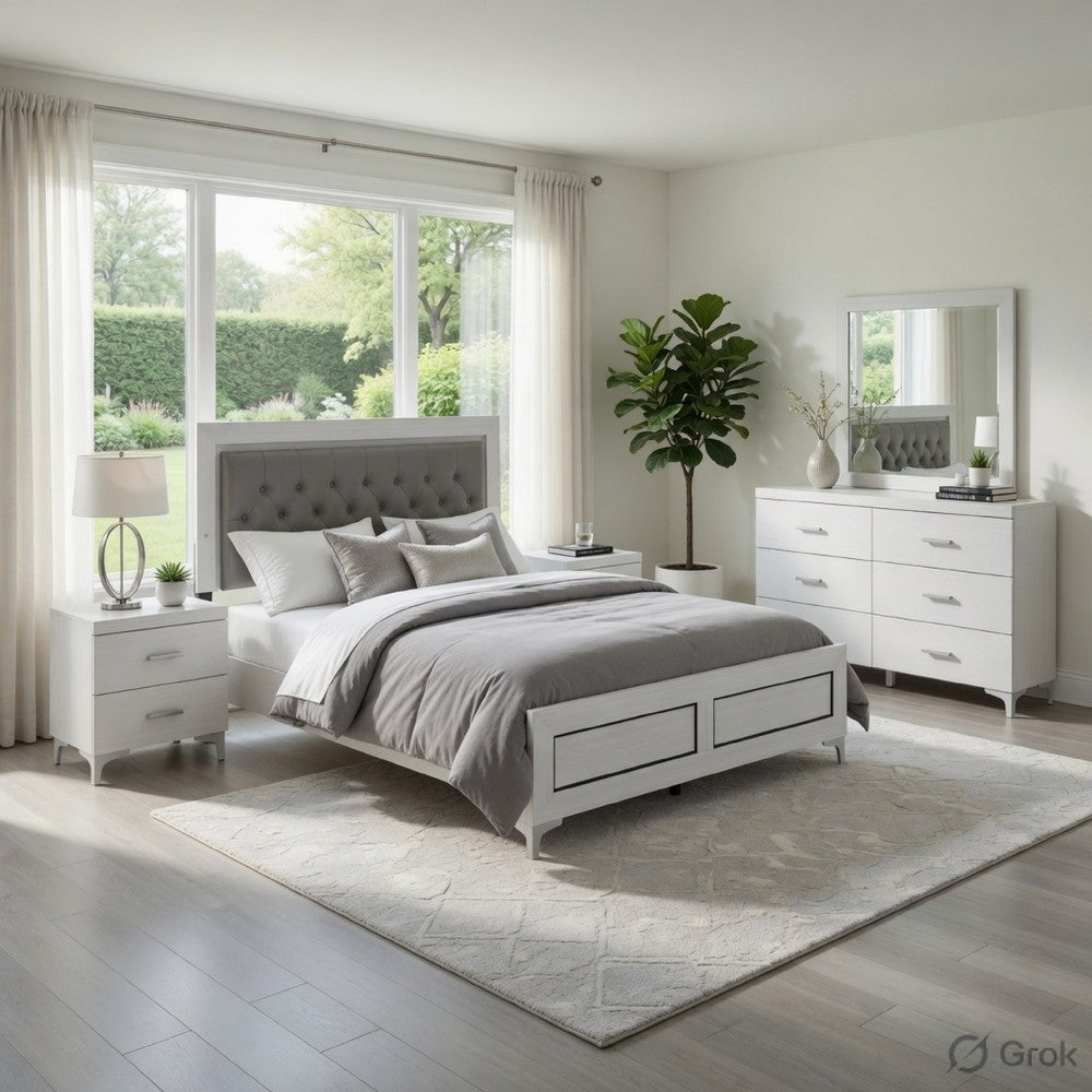 Queen Size Bedroom Set, White Finish, Storage Bed with Drawers, 4-Piece Set with Bed, 2 Nightstands and Dresser