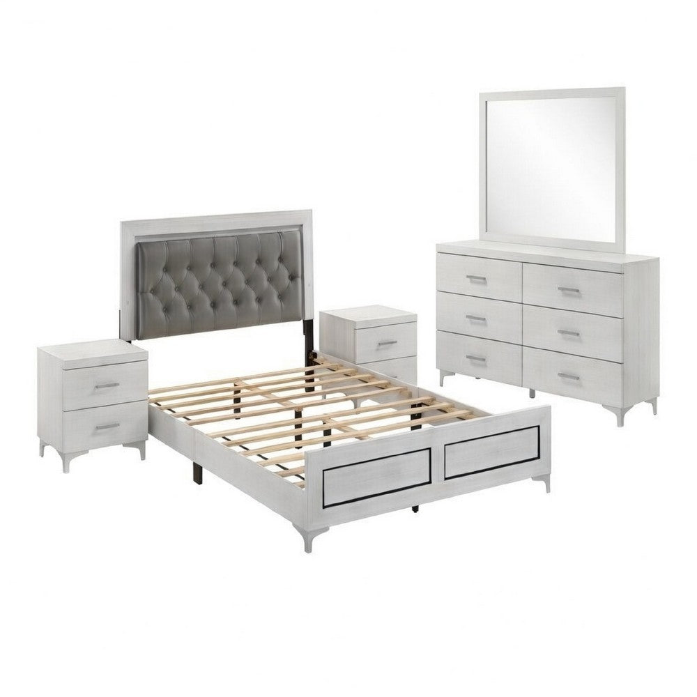 Queen Size Bedroom Set, Wood Design, White Finish, 5-Piece Set with Bed, 2 Nightstands, Dresser and Mirror