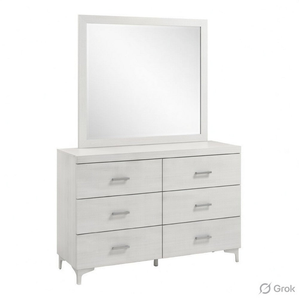 Queen Size Bedroom Set, Wood Design, White Finish, 5-Piece Set with Bed, 2 Nightstands, Dresser and Mirror