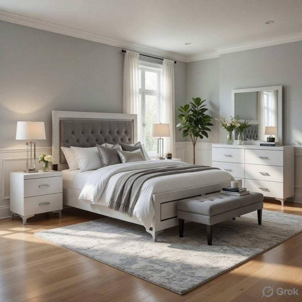 Queen Size Bedroom Set, Wood Design, White Finish, 5-Piece Set with Bed, 2 Nightstands, Dresser and Mirror
