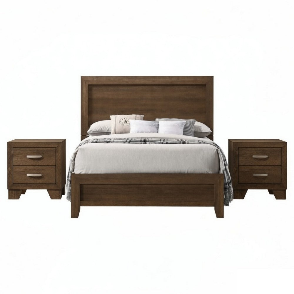 Queen Size Bedroom Set, Brown Finish, 3-Piece Set with Bed and Two Nightstands