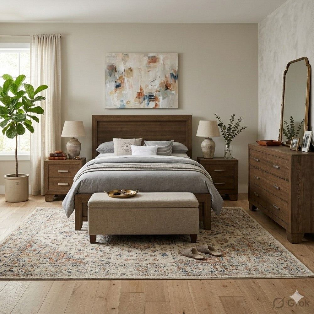 Queen Size Bedroom Set, Brown Finish, 4-Piece Set with Bed, 2 Nightstands and Dresser