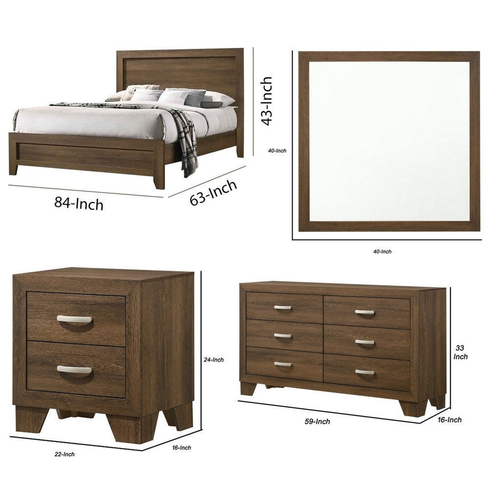 Queen Size Bedroom Set, Brown Finish, 5-Piece Set with Bed, 2 Nightstands, Dresser and Mirror