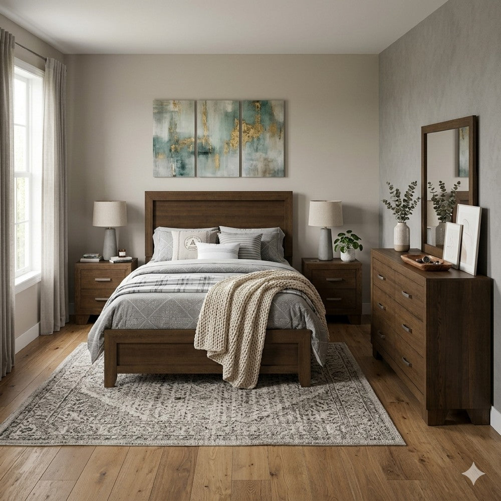Queen Size Bedroom Set, Brown Finish, 5-Piece Set with Bed, 2 Nightstands, Dresser and Mirror